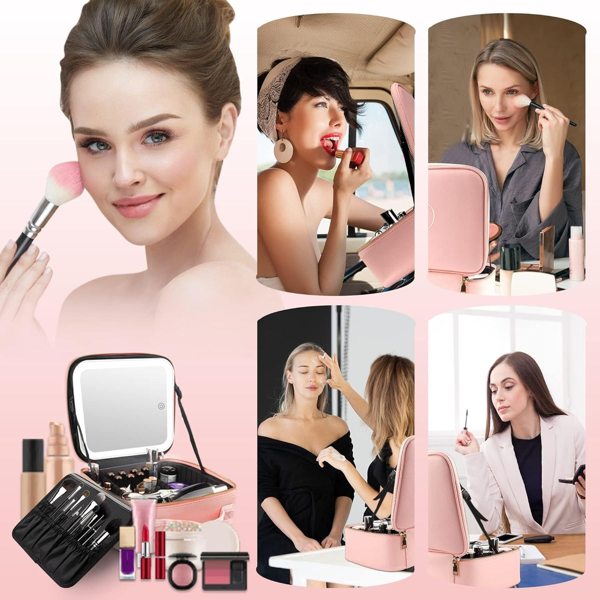Makeup Train Case with Light & Mirror Large Cosmetic Organizer with Adjustable Dividers for Cosmetics,10X Magnifying Makeup Mirror,Pink