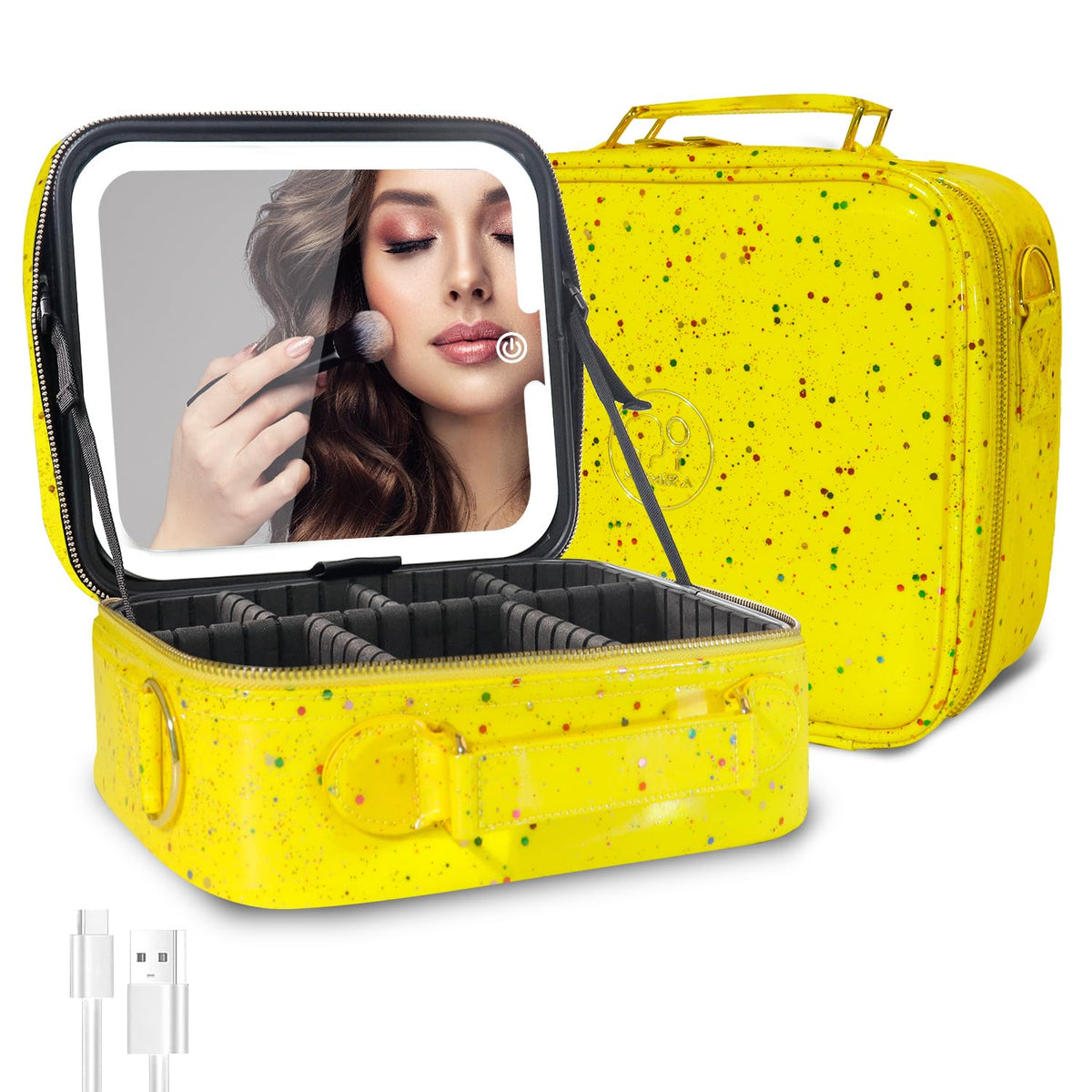 Makeup Train Case with Light & Mirror Large Cosmetic Organizer with Adjustable Dividers for Cosmetics,10X Magnifying Makeup Mirror,Pink