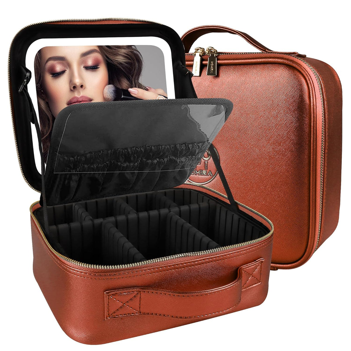Makeup Train Case with Light & Mirror Large Cosmetic Organizer with Adjustable Dividers for Cosmetics,10X Magnifying Makeup Mirror,Pink