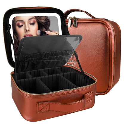 Makeup Train Case with Light & Mirror Large Cosmetic Organizer with Adjustable Dividers for Cosmetics,10X Magnifying Makeup Mirror,Pink