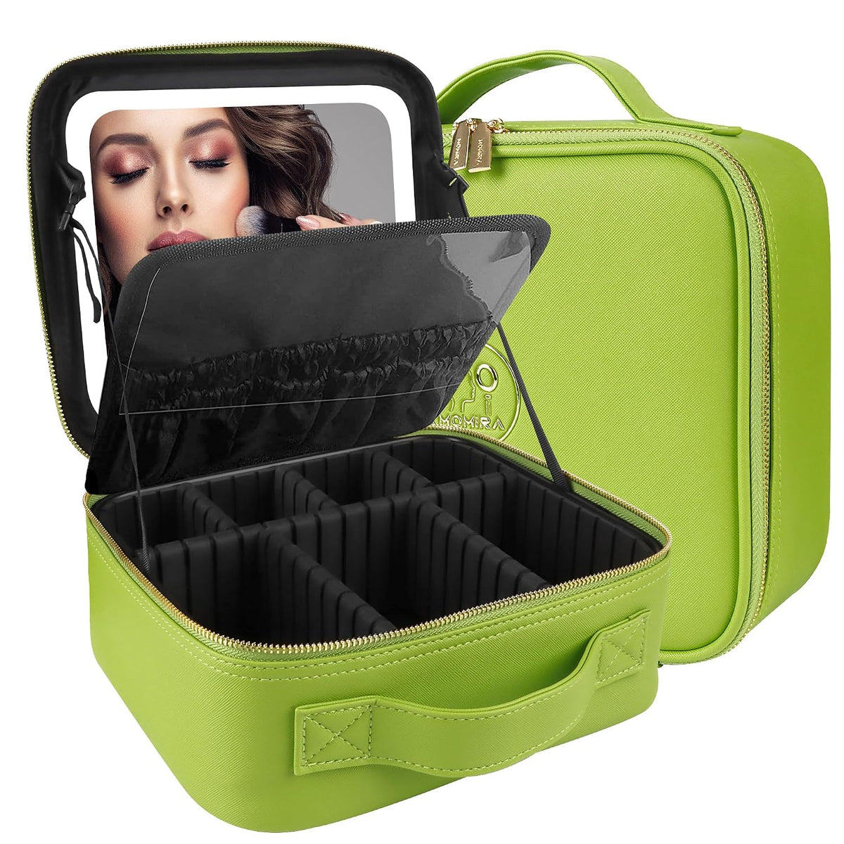Makeup Train Case with Light & Mirror Large Cosmetic Organizer with Adjustable Dividers for Cosmetics,10X Magnifying Makeup Mirror,Pink