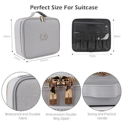 Makeup Train Case with Light & Mirror Large Cosmetic Organizer with Adjustable Dividers for Cosmetics,10X Magnifying Makeup Mirror,Pink