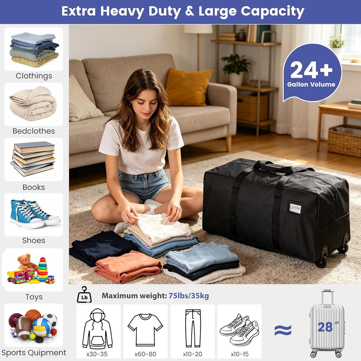 Heavy Duty Moving Bags with Wheels, 2-Pack 92L Foldable Rolling Duffle Bag | Extra Large Duffle Bag for Travel, Waterproof, Oxford, College Dorm Moving Bags, Packing Bags for Moving/Traveling/Camping