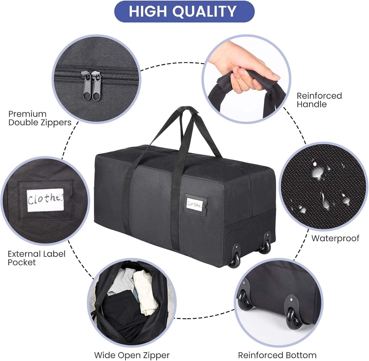 Heavy Duty Moving Bags with Wheels, 2-Pack 92L Foldable Rolling Duffle Bag | Extra Large Duffle Bag for Travel, Waterproof, Oxford, College Dorm Moving Bags, Packing Bags for Moving/Traveling/Camping