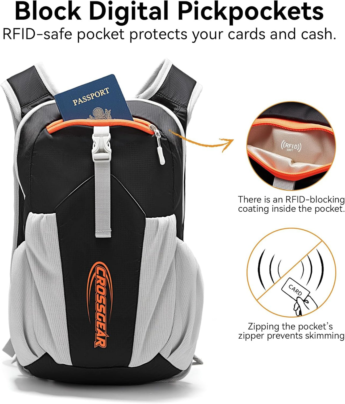 24L Hiking Backpack, Lightweight Foldable Packable Daypack with RFID Pocket, Multi-Pocket, Nylon Small Travel Backpack, Water Resistant for Travel, Camping, Outdoor, Black