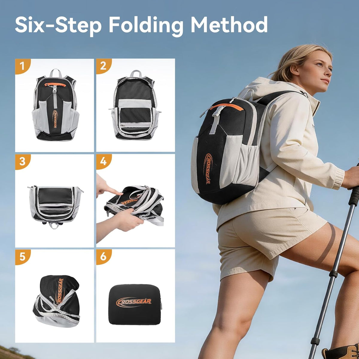 24L Hiking Backpack, Lightweight Foldable Packable Daypack with RFID Pocket, Multi-Pocket, Nylon Small Travel Backpack, Water Resistant for Travel, Camping, Outdoor, Black
