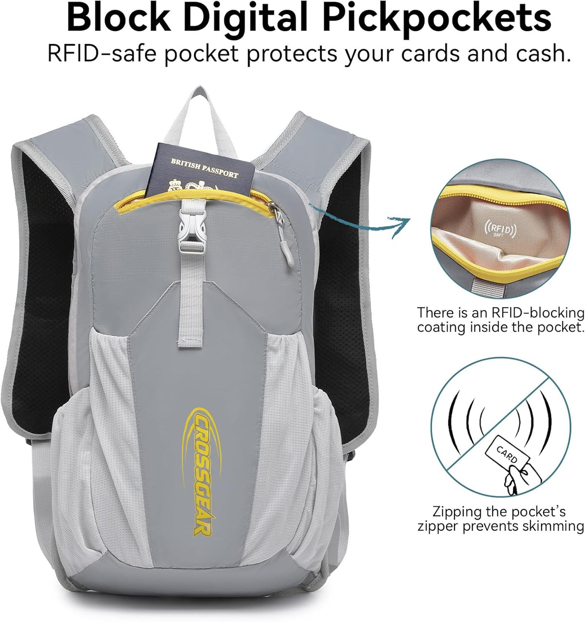 24L Hiking Backpack, Lightweight Foldable Packable Daypack with RFID Pocket, Multi-Pocket, Nylon Small Travel Backpack, Water Resistant for Travel, Camping, Outdoor, Black