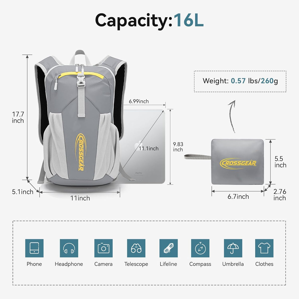 24L Hiking Backpack, Lightweight Foldable Packable Daypack with RFID Pocket, Multi-Pocket, Nylon Small Travel Backpack, Water Resistant for Travel, Camping, Outdoor, Black
