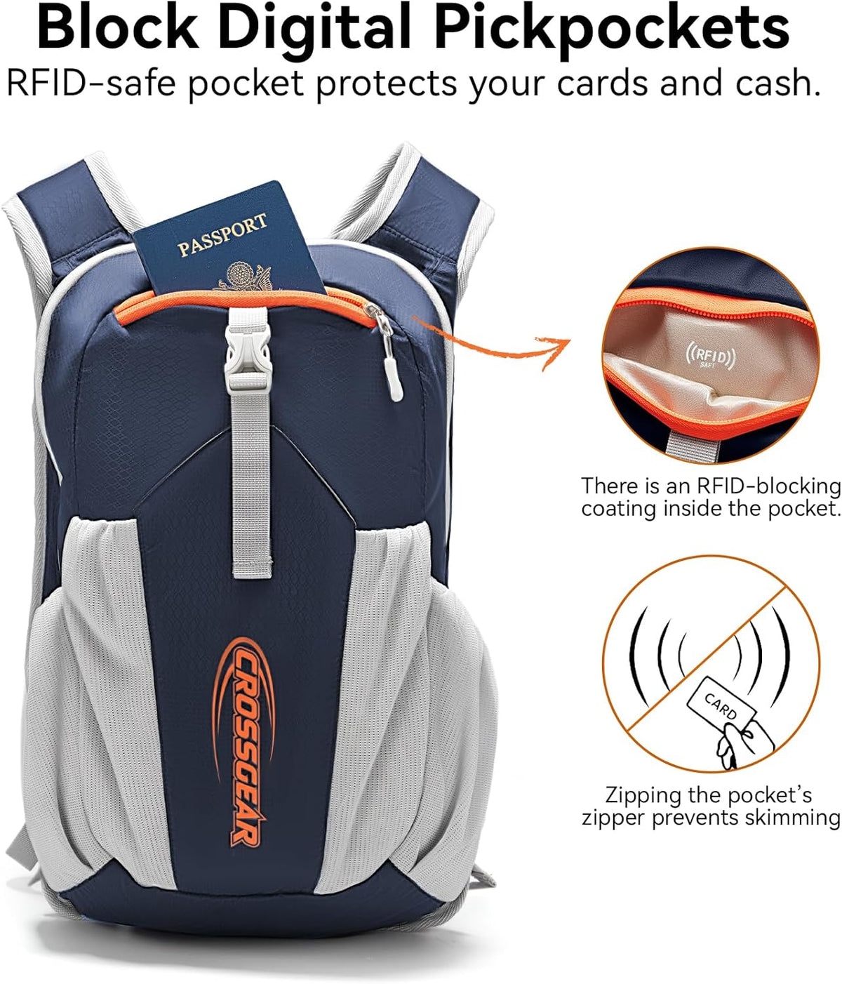 24L Hiking Backpack, Lightweight Foldable Packable Daypack with RFID Pocket, Multi-Pocket, Nylon Small Travel Backpack, Water Resistant for Travel, Camping, Outdoor, Black