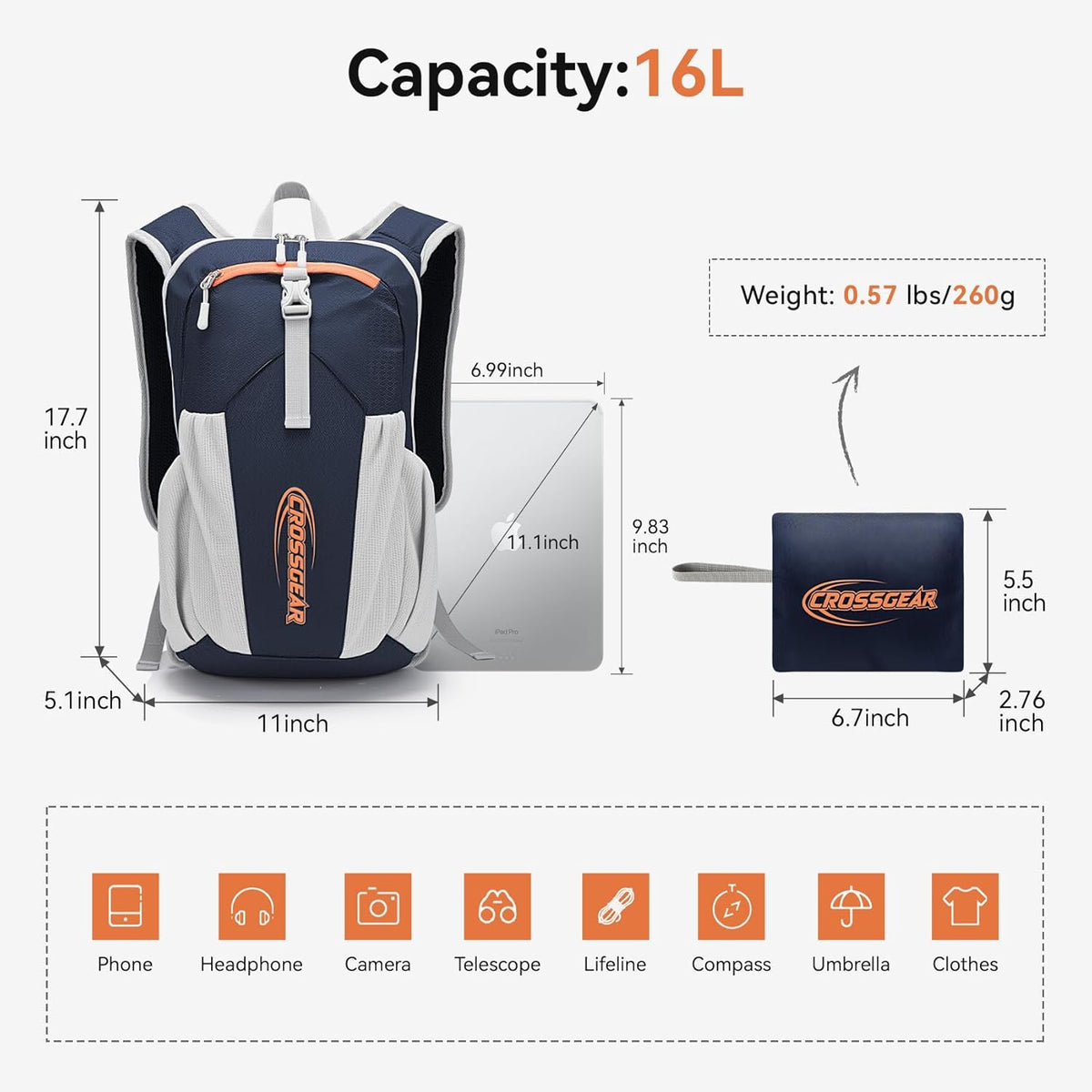 24L Hiking Backpack, Lightweight Foldable Packable Daypack with RFID Pocket, Multi-Pocket, Nylon Small Travel Backpack, Water Resistant for Travel, Camping, Outdoor, Black