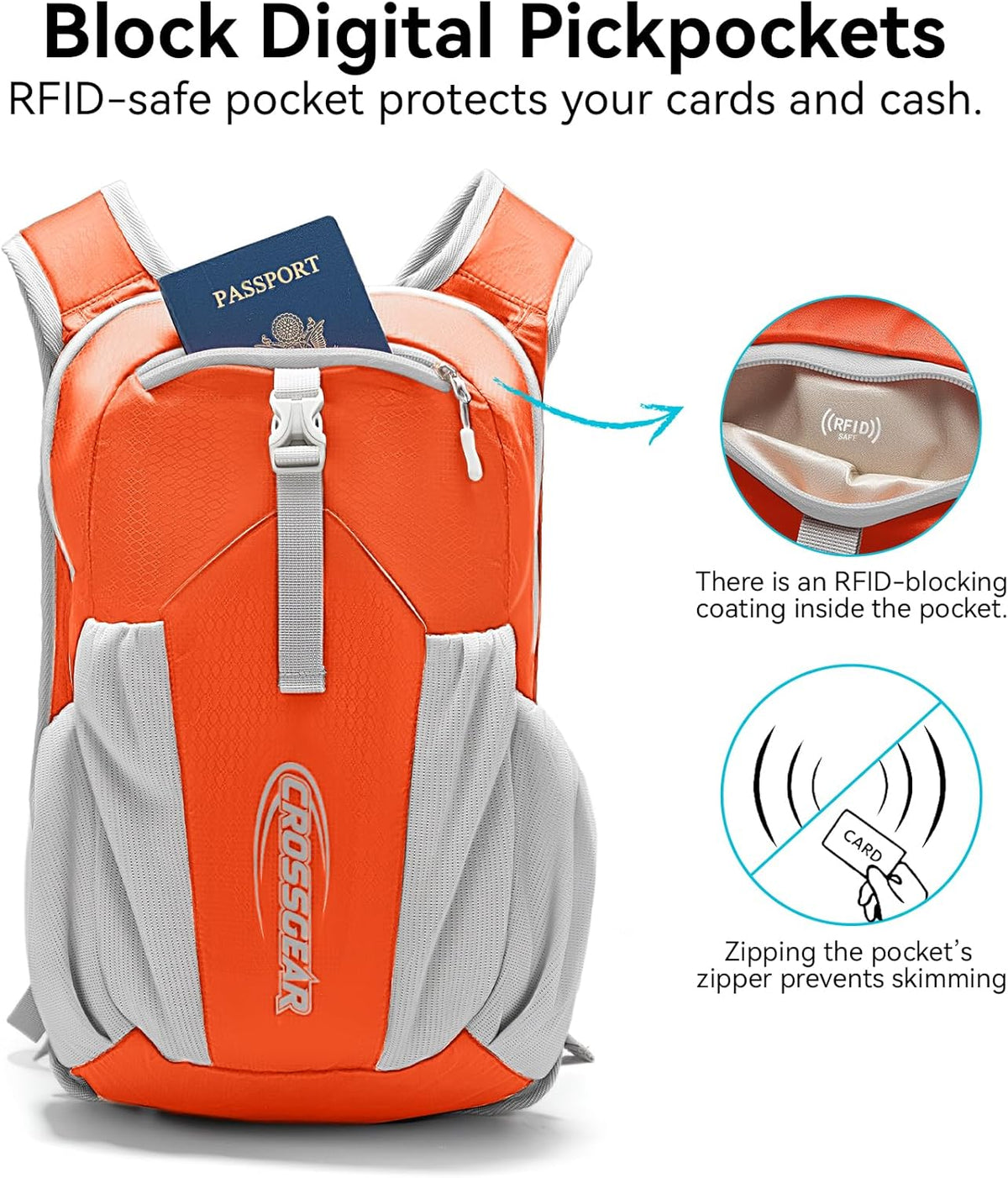 24L Hiking Backpack, Lightweight Foldable Packable Daypack with RFID Pocket, Multi-Pocket, Nylon Small Travel Backpack, Water Resistant for Travel, Camping, Outdoor, Black