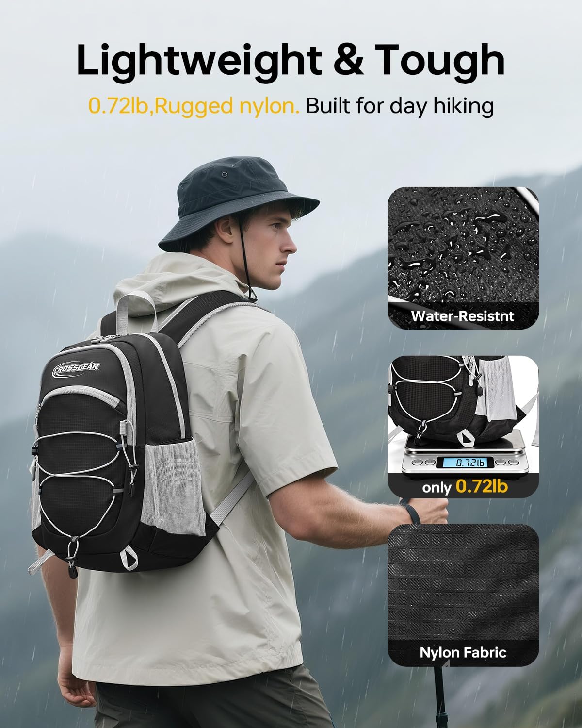 24L Hiking Backpack, Lightweight Foldable Packable Daypack with RFID Pocket, Multi-Pocket, Nylon Small Travel Backpack, Water Resistant for Travel, Camping, Outdoor, Black