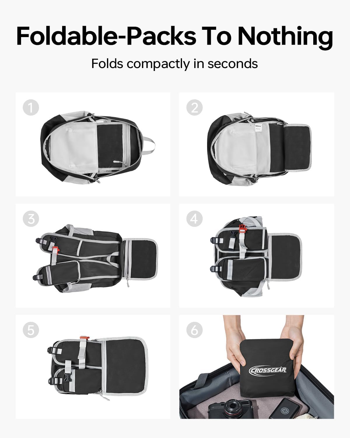 24L Hiking Backpack, Lightweight Foldable Packable Daypack with RFID Pocket, Multi-Pocket, Nylon Small Travel Backpack, Water Resistant for Travel, Camping, Outdoor, Black