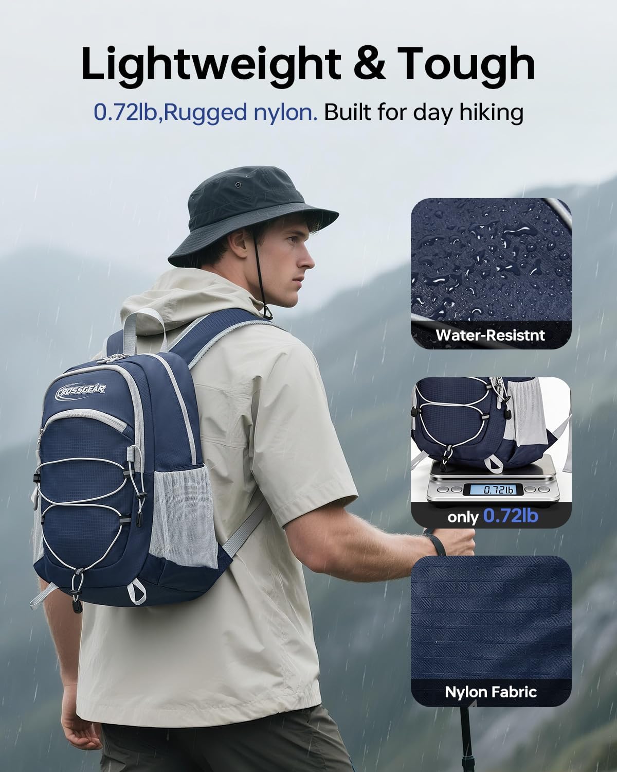 24L Hiking Backpack, Lightweight Foldable Packable Daypack with RFID Pocket, Multi-Pocket, Nylon Small Travel Backpack, Water Resistant for Travel, Camping, Outdoor, Black