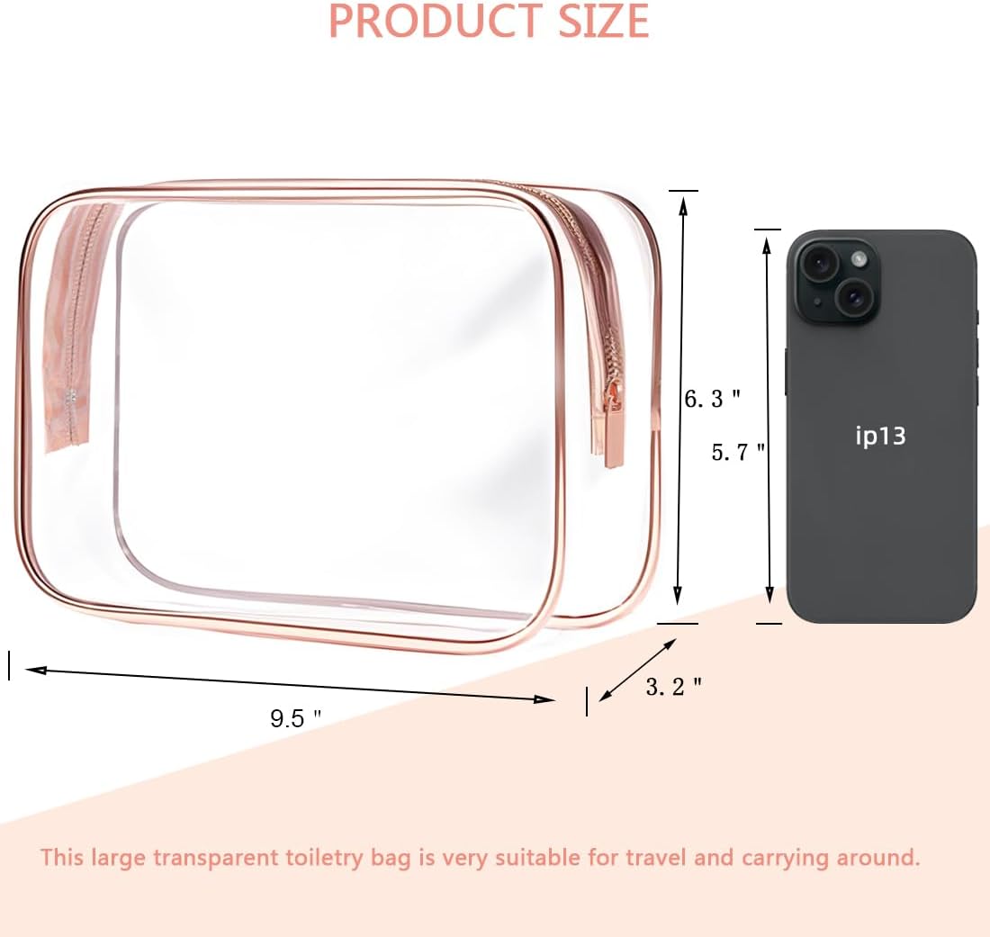 Clear Toiletry Bag, 3 Packs TSA Approved Water resistant Travel Organizer, Airport Airline Travel Essential Carry On Makeup Cosmetic Bags for Women, 3Color - 3 packs