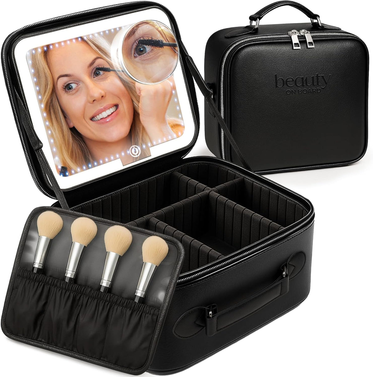 Makeup Bag with LED Mirror, PU Leather Makeup Case - 3 Adjustable Brightness Levels, Lighted Cosmetic Case with Mirror, Dividers - Make Up Portable Storage Travel Organizer with Handle