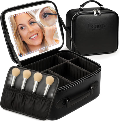Makeup Bag with LED Mirror, PU Leather Makeup Case - 3 Adjustable Brightness Levels, Lighted Cosmetic Case with Mirror, Dividers - Make Up Portable Storage Travel Organizer with Handle