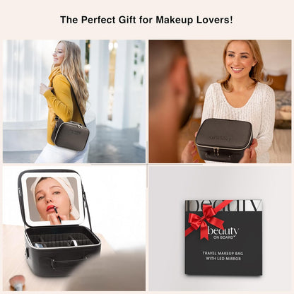 Makeup Bag with LED Mirror, PU Leather Makeup Case - 3 Adjustable Brightness Levels, Lighted Cosmetic Case with Mirror, Dividers - Make Up Portable Storage Travel Organizer with Handle