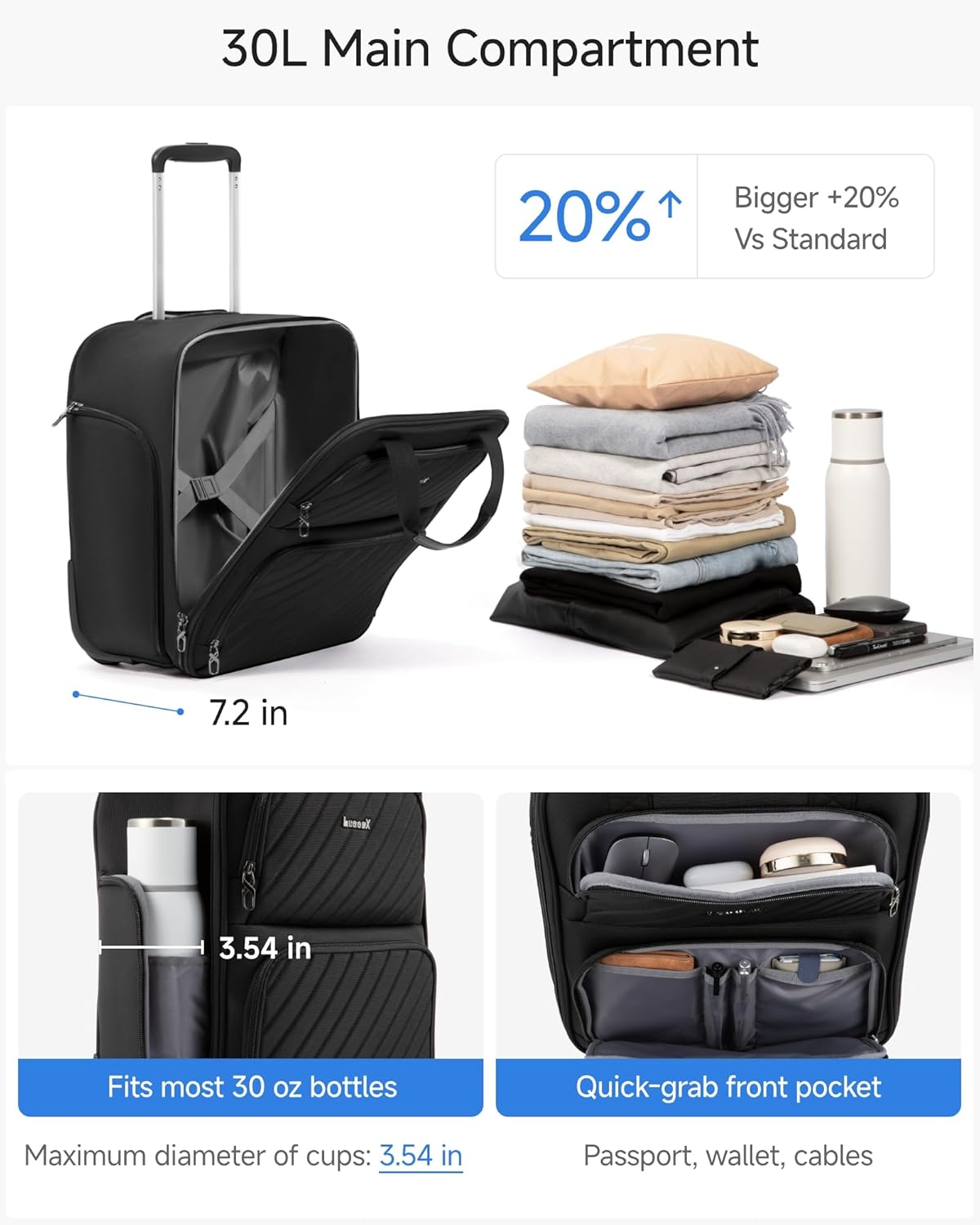 LUGGEX Underseat Carry On Luggage with Wheels, UDK-Plus Large-Capacity Lightweight Soft Sided Personal Item Suitcase for Short Trips (UX-Core, Navy Blue, 16 Inch)