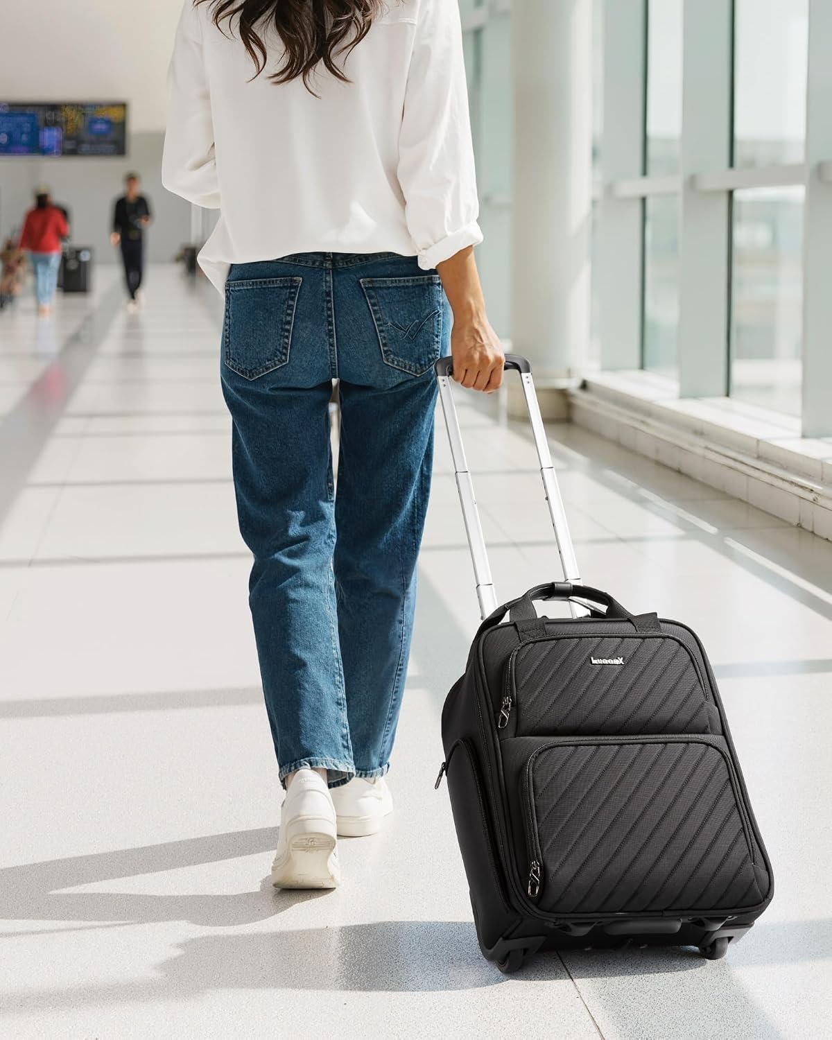 LUGGEX Underseat Carry On Luggage with Wheels, UDK-Plus Large-Capacity Lightweight Soft Sided Personal Item Suitcase for Short Trips (UX-Core, Navy Blue, 16 Inch)
