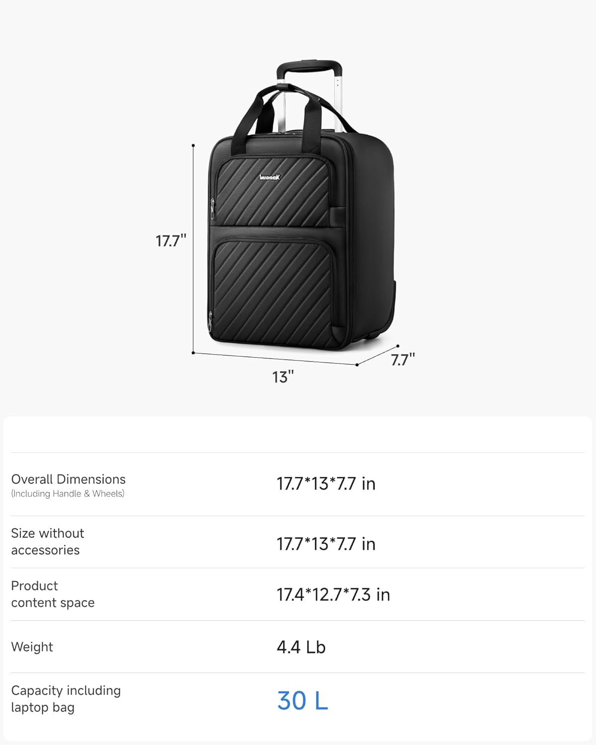 LUGGEX Underseat Carry On Luggage with Wheels, UDK-Plus Large-Capacity Lightweight Soft Sided Personal Item Suitcase for Short Trips (UX-Core, Navy Blue, 16 Inch)