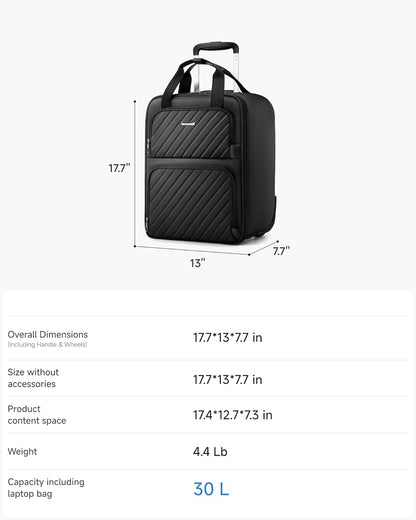 LUGGEX Underseat Carry On Luggage with Wheels, UDK-Plus Large-Capacity Lightweight Soft Sided Personal Item Suitcase for Short Trips (UX-Core, Navy Blue, 16 Inch)