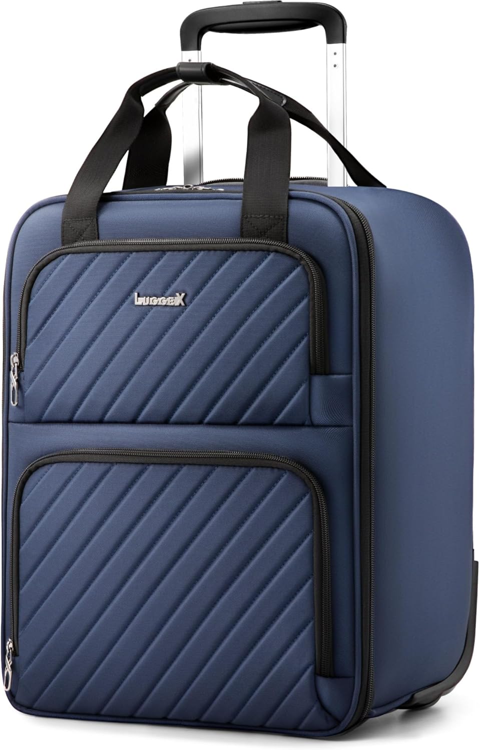 LUGGEX Underseat Carry On Luggage with Wheels, UDK-Plus Large-Capacity Lightweight Soft Sided Personal Item Suitcase for Short Trips (UX-Core, Navy Blue, 16 Inch)