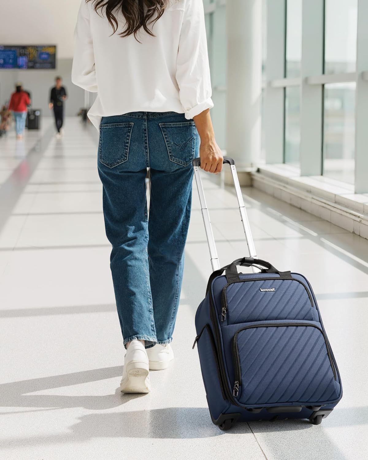 LUGGEX Underseat Carry On Luggage with Wheels, UDK-Plus Large-Capacity Lightweight Soft Sided Personal Item Suitcase for Short Trips (UX-Core, Navy Blue, 16 Inch)