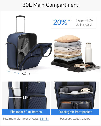LUGGEX Underseat Carry On Luggage with Wheels, UDK-Plus Large-Capacity Lightweight Soft Sided Personal Item Suitcase for Short Trips (UX-Core, Navy Blue, 16 Inch)