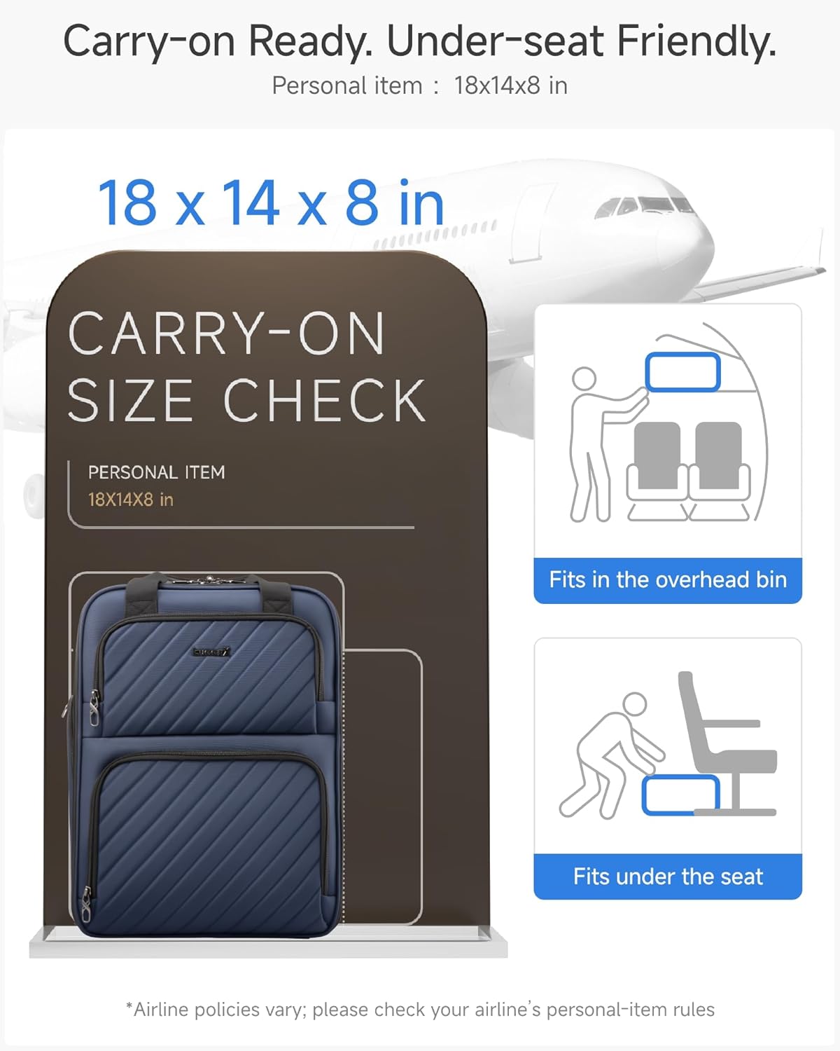 LUGGEX Underseat Carry On Luggage with Wheels, UDK-Plus Large-Capacity Lightweight Soft Sided Personal Item Suitcase for Short Trips (UX-Core, Navy Blue, 16 Inch)