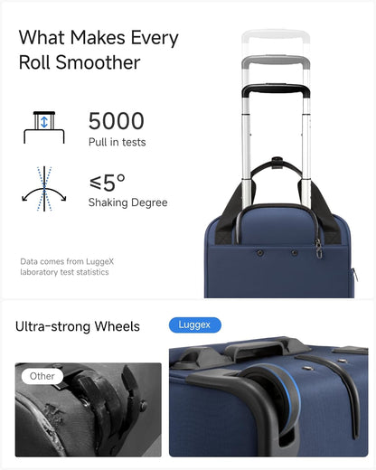 LUGGEX Underseat Carry On Luggage with Wheels, UDK-Plus Large-Capacity Lightweight Soft Sided Personal Item Suitcase for Short Trips (UX-Core, Navy Blue, 16 Inch)