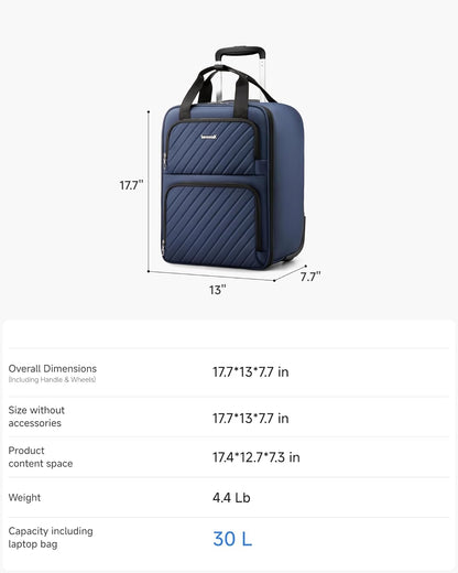 LUGGEX Underseat Carry On Luggage with Wheels, UDK-Plus Large-Capacity Lightweight Soft Sided Personal Item Suitcase for Short Trips (UX-Core, Navy Blue, 16 Inch)