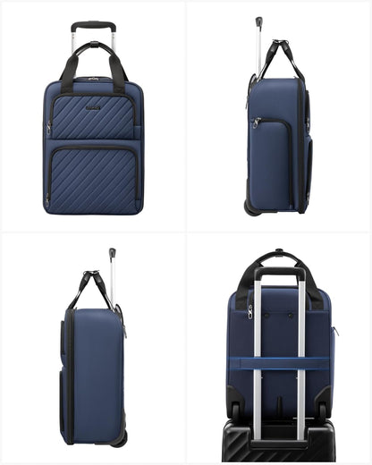 LUGGEX Underseat Carry On Luggage with Wheels, UDK-Plus Large-Capacity Lightweight Soft Sided Personal Item Suitcase for Short Trips (UX-Core, Navy Blue, 16 Inch)
