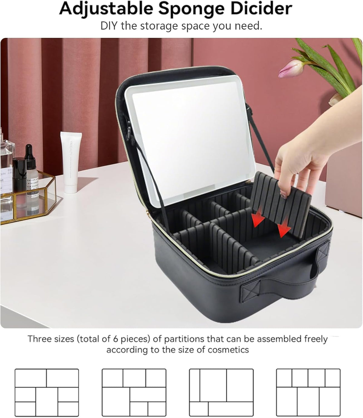 Travel Makeup Bag with LED Mirror Travel Makeup Organizer with 3 Lighted Settings, Adjustable Dividers and Makeup Brush Storage Bag Black