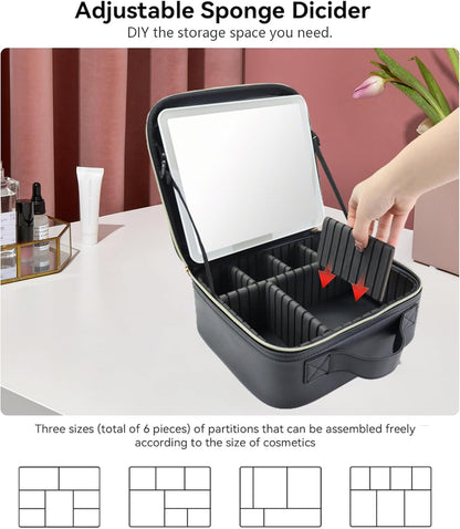 Travel Makeup Bag with LED Mirror Travel Makeup Organizer with 3 Lighted Settings, Adjustable Dividers and Makeup Brush Storage Bag Black