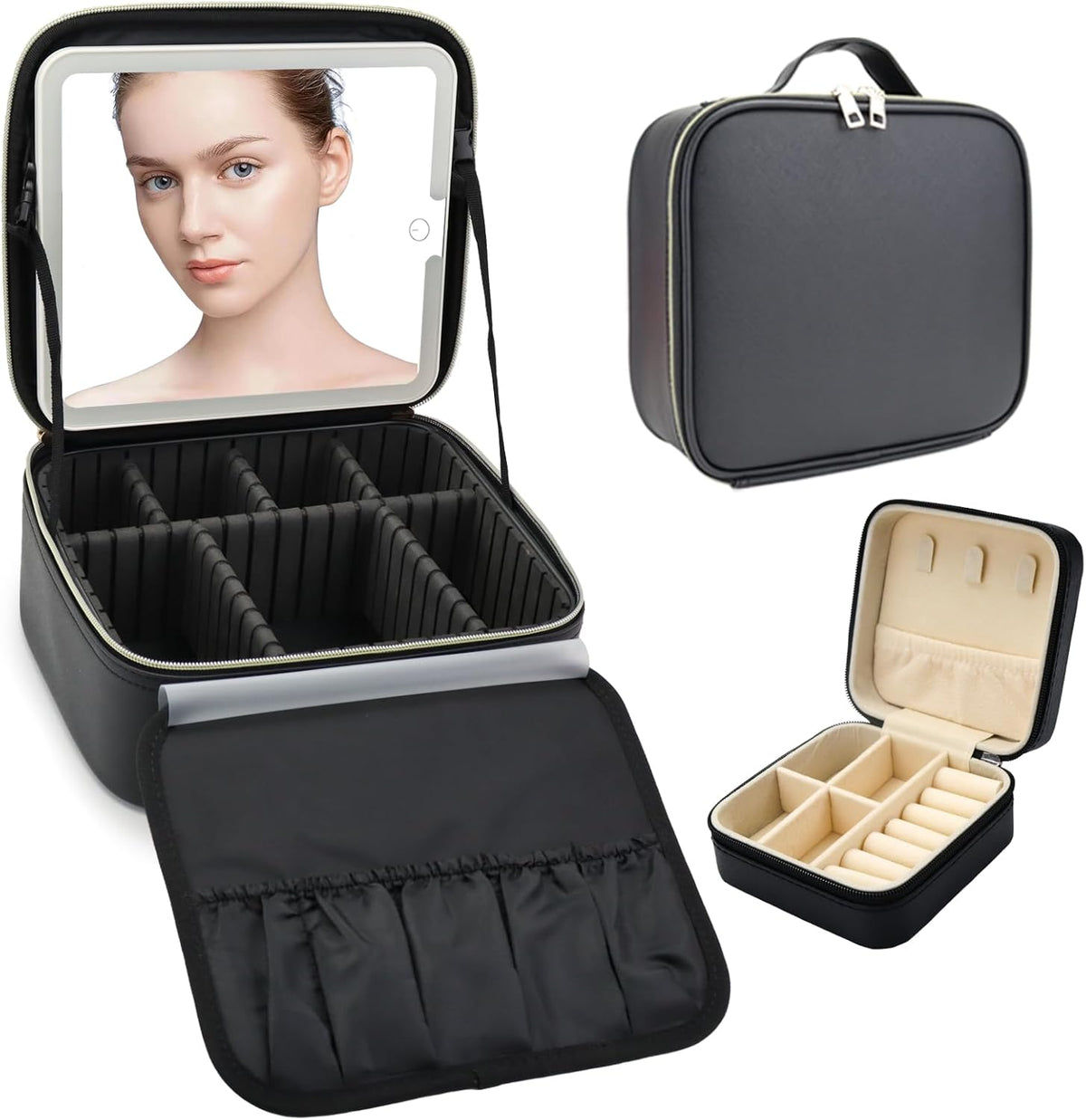 Travel Makeup Bag with LED Mirror Travel Makeup Organizer with 3 Lighted Settings, Adjustable Dividers and Makeup Brush Storage Bag Black