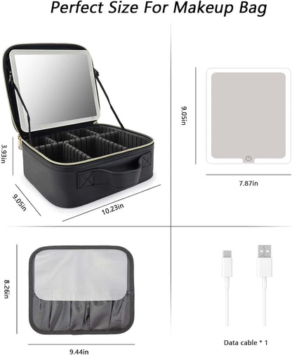 Travel Makeup Bag with LED Mirror Travel Makeup Organizer with 3 Lighted Settings, Adjustable Dividers and Makeup Brush Storage Bag Black