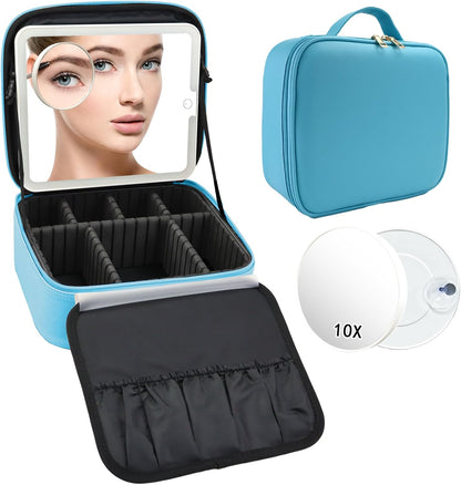 Travel Makeup Bag with LED Mirror Travel Makeup Organizer with 3 Lighted Settings, Adjustable Dividers and Makeup Brush Storage Bag Black