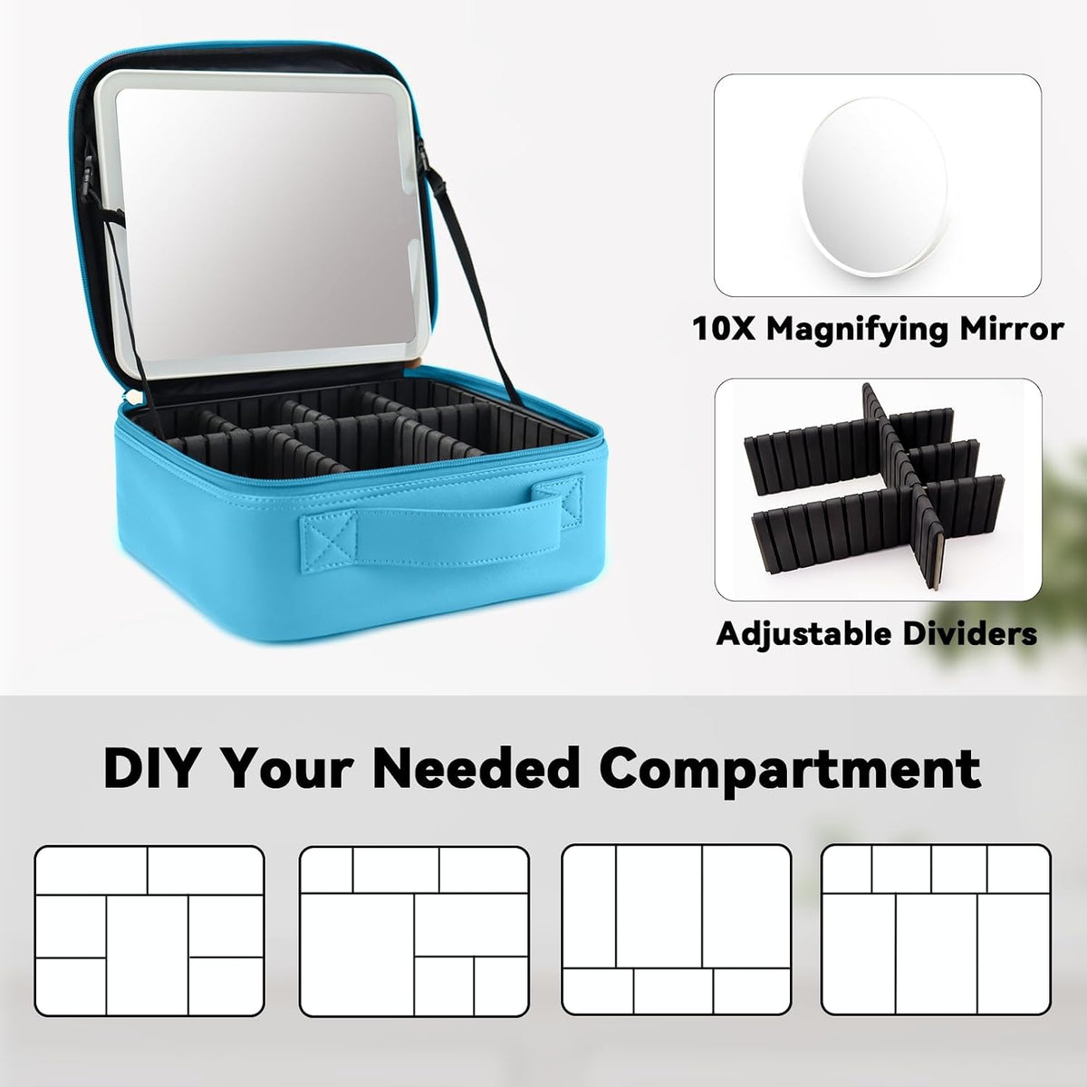 Travel Makeup Bag with LED Mirror Travel Makeup Organizer with 3 Lighted Settings, Adjustable Dividers and Makeup Brush Storage Bag Black