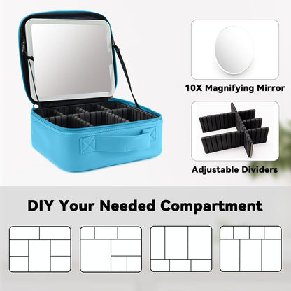 Travel Makeup Bag with LED Mirror Travel Makeup Organizer with 3 Lighted Settings, Adjustable Dividers and Makeup Brush Storage Bag Black