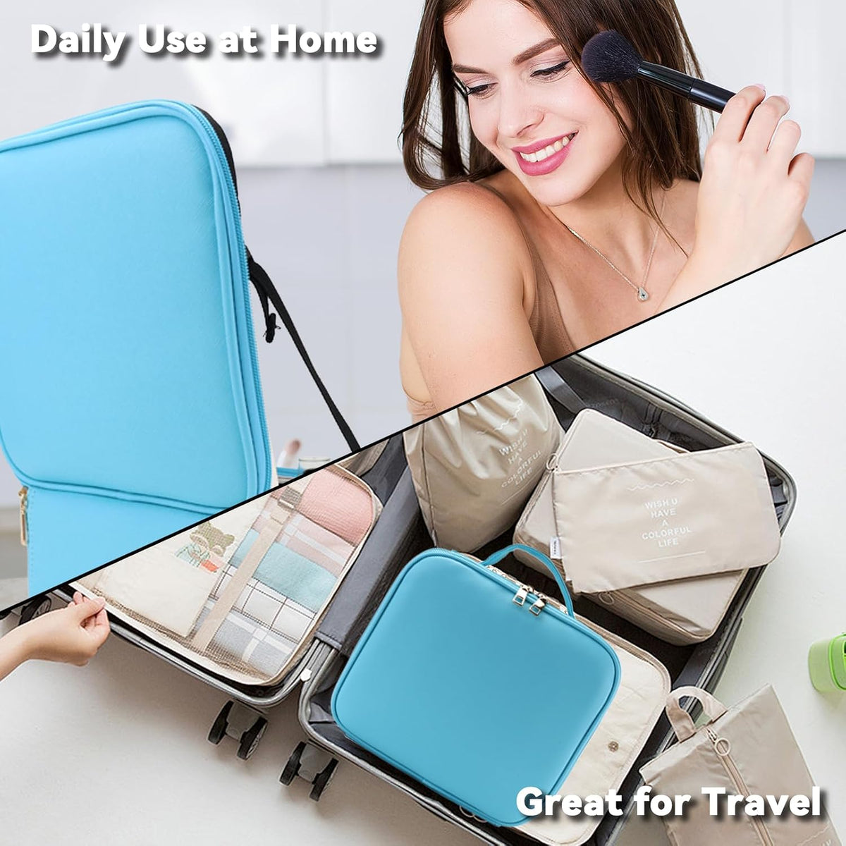 Travel Makeup Bag with LED Mirror Travel Makeup Organizer with 3 Lighted Settings, Adjustable Dividers and Makeup Brush Storage Bag Black