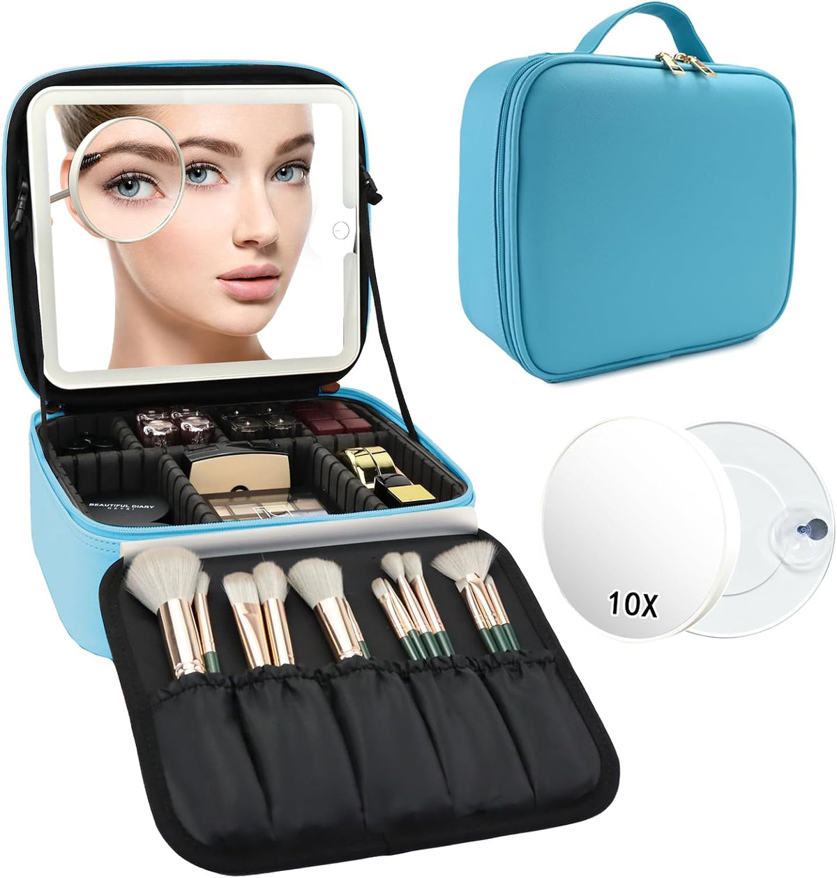 Travel Makeup Bag with LED Mirror Travel Makeup Organizer with 3 Lighted Settings, Adjustable Dividers and Makeup Brush Storage Bag Black