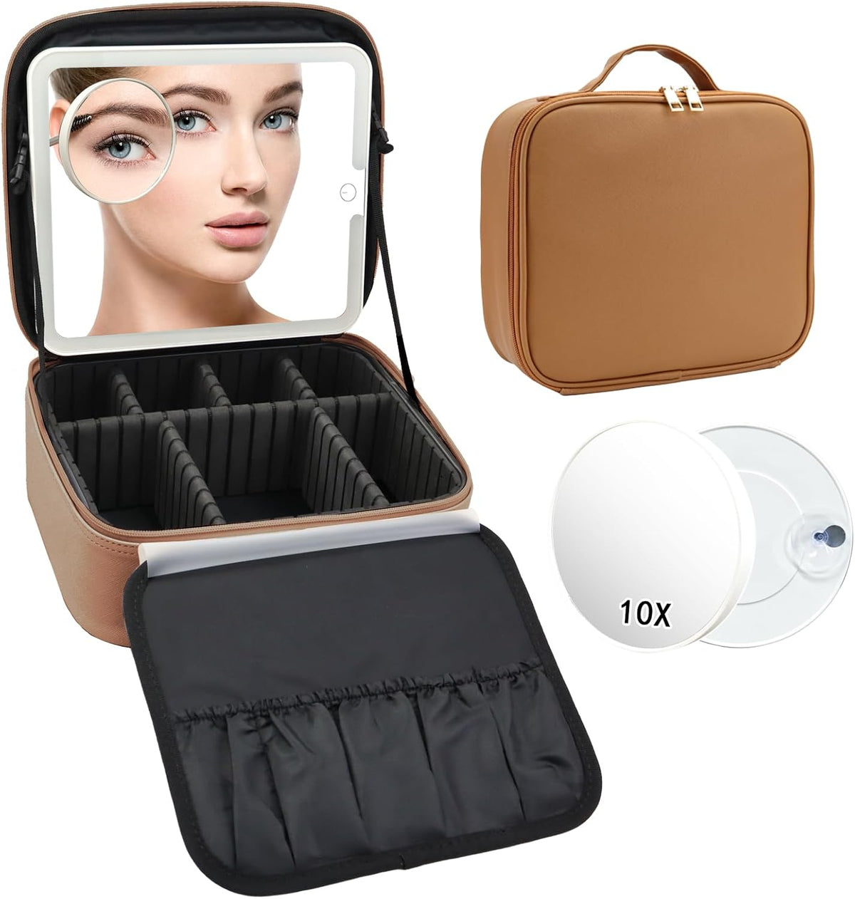 Travel Makeup Bag with LED Mirror Travel Makeup Organizer with 3 Lighted Settings, Adjustable Dividers and Makeup Brush Storage Bag Black