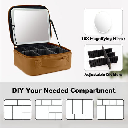 Travel Makeup Bag with LED Mirror Travel Makeup Organizer with 3 Lighted Settings, Adjustable Dividers and Makeup Brush Storage Bag Black