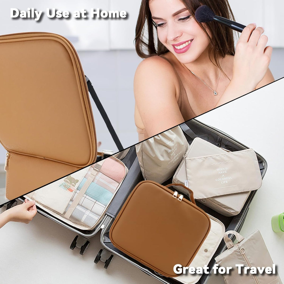 Travel Makeup Bag with LED Mirror Travel Makeup Organizer with 3 Lighted Settings, Adjustable Dividers and Makeup Brush Storage Bag Black