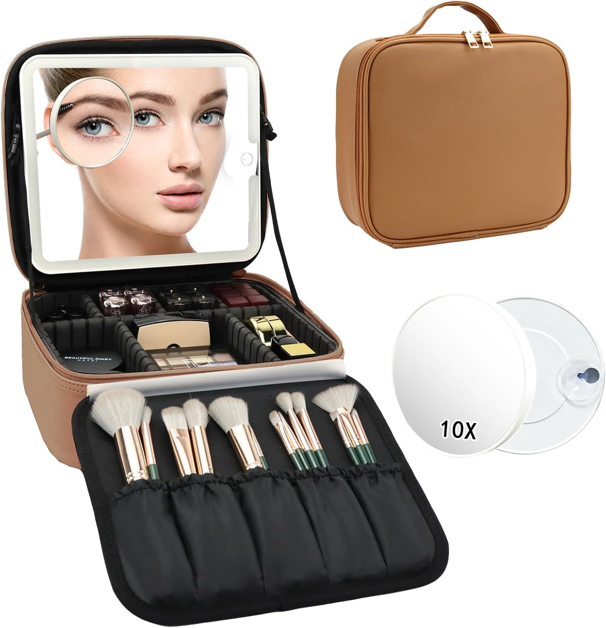 Travel Makeup Bag with LED Mirror Travel Makeup Organizer with 3 Lighted Settings, Adjustable Dividers and Makeup Brush Storage Bag Black