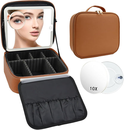 Travel Makeup Bag with LED Mirror Travel Makeup Organizer with 3 Lighted Settings, Adjustable Dividers and Makeup Brush Storage Bag Black