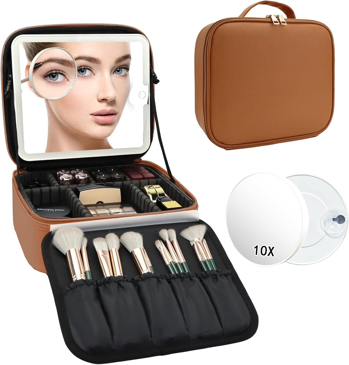 Travel Makeup Bag with LED Mirror Travel Makeup Organizer with 3 Lighted Settings, Adjustable Dividers and Makeup Brush Storage Bag Black