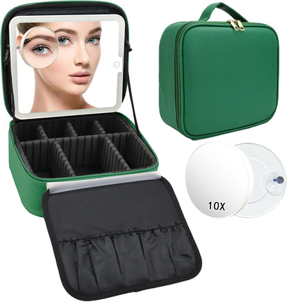 Travel Makeup Bag with LED Mirror Travel Makeup Organizer with 3 Lighted Settings, Adjustable Dividers and Makeup Brush Storage Bag Black