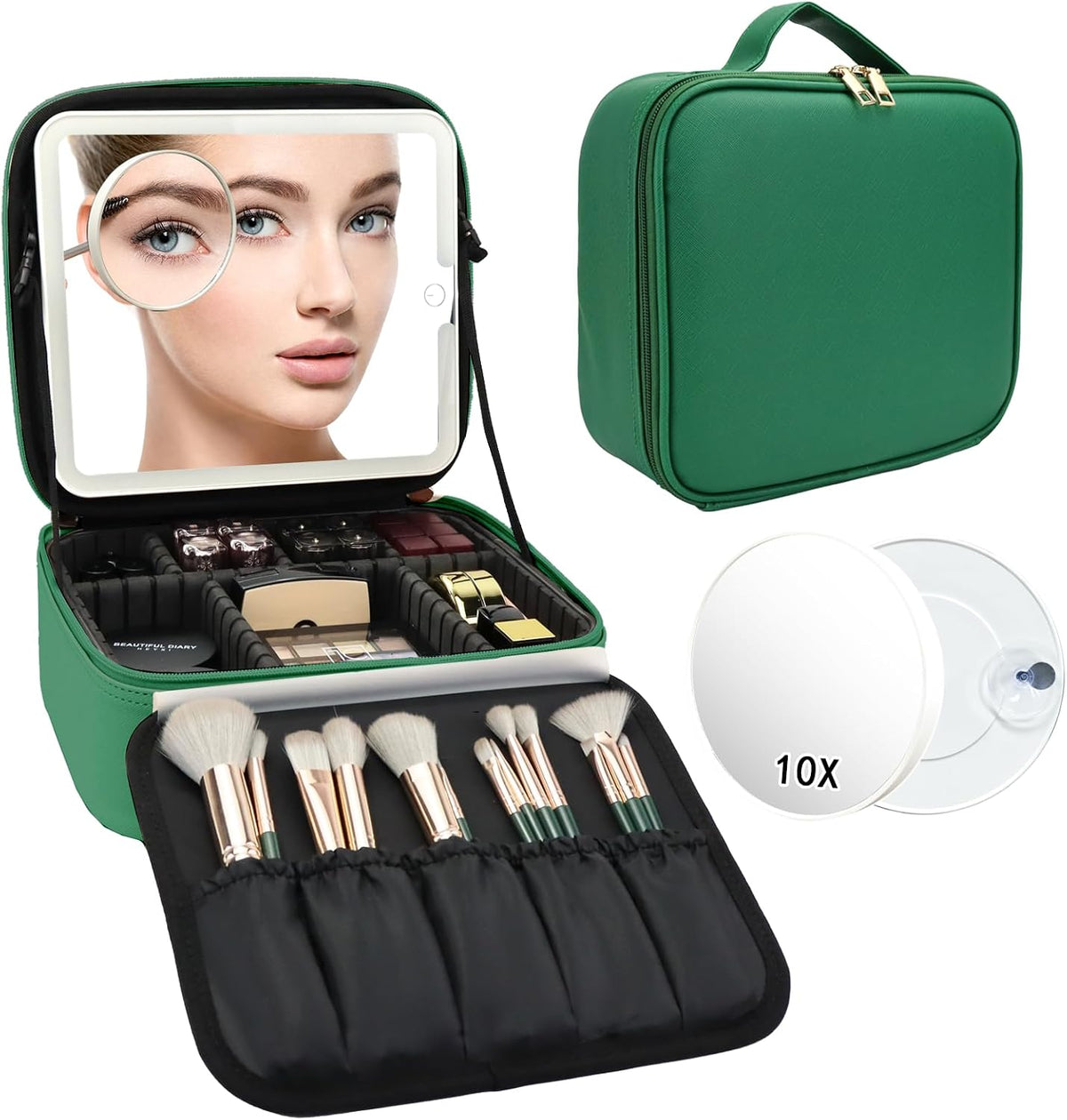 Travel Makeup Bag with LED Mirror Travel Makeup Organizer with 3 Lighted Settings, Adjustable Dividers and Makeup Brush Storage Bag Black